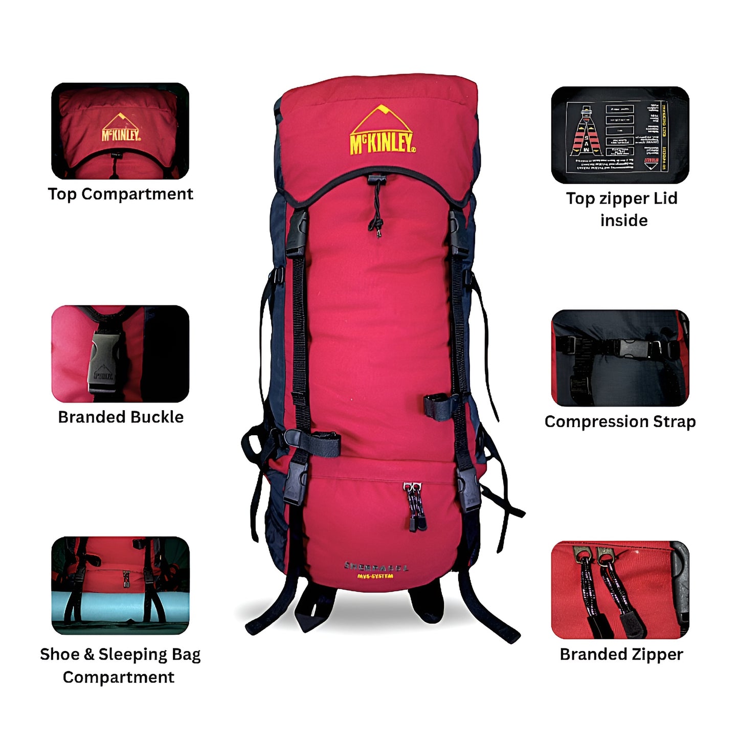 Imported McKINLEY 65L Hiking Backpack with Rain Cover and Adjustable Back Support