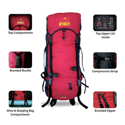 Imported McKINLEY 65L Hiking Backpack with Rain Cover and Adjustable Back Support